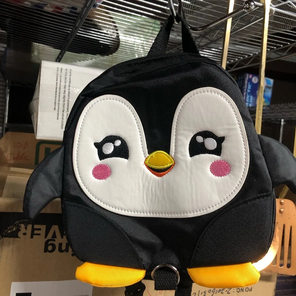 Kids Toddler Girl’s Penguin Backpack - Black and White with Yellow Accent
